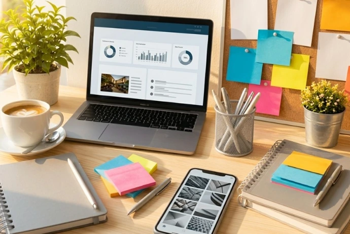 Un ordinateur un portable des notes, le tout posé sur un bureau