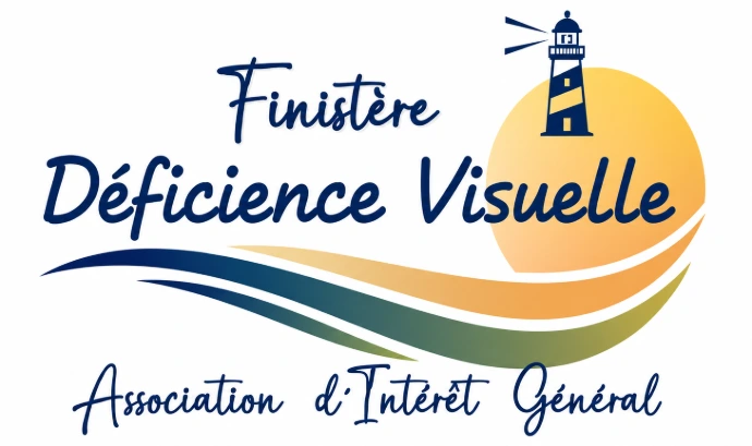 Logo  Finistère déficience Visuelle Association d'intérêt général le dessin représente des vagues  rejoignant un coucher de soleil avec en son centre un phare représentant le Finistère